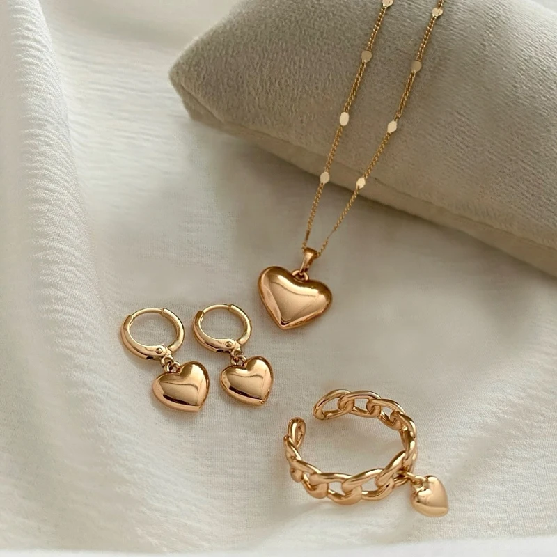 New 4 Pcs Glossy Gold Plated Metal Love Heart Dangle Earrings Necklace Ring Jewelry Set for Women Simple Dainty Daily Wear Gifts