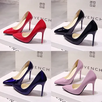 New Solid Color Pumps Women High Heel Shoes Female Fashion Patent Leather Sexy Pointed Toe Thin Heel Wedding Shoes Size 44 1