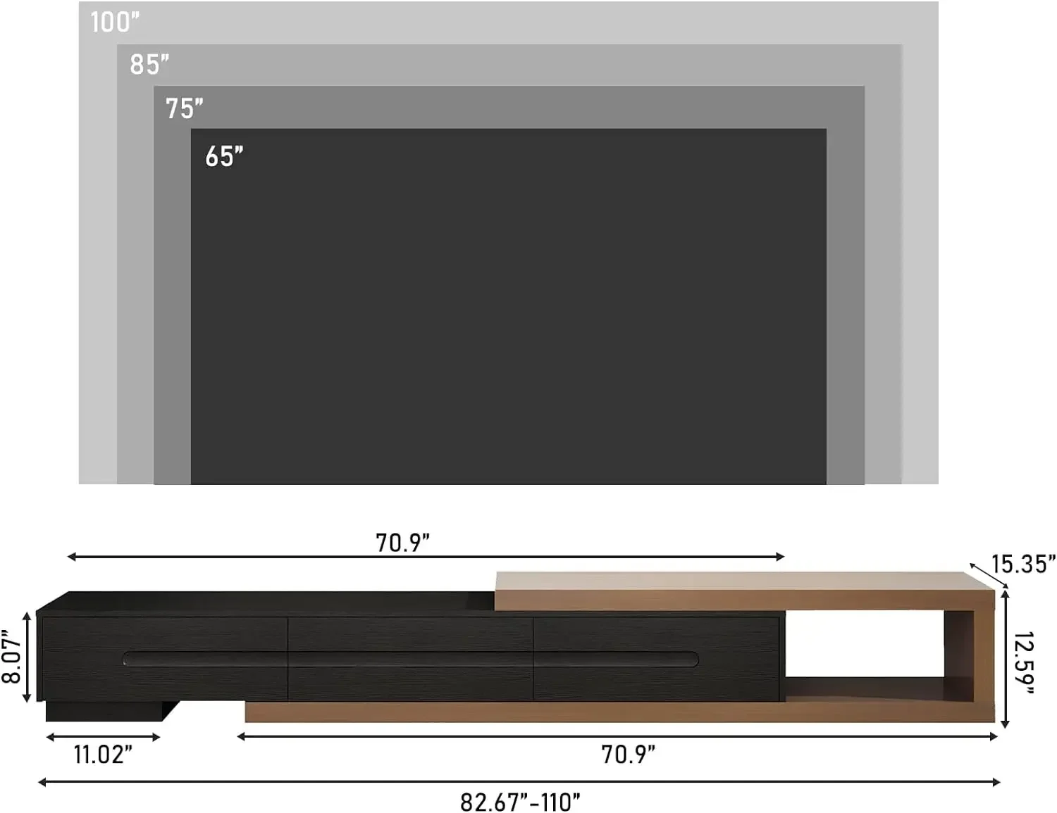 Description Picture 4 of itemExtendable TV Stand,Modern Entertainment Center for Up to 120 Inch TV, Wood Reversible TV Media Console with 3 Drawers, 82-110''
