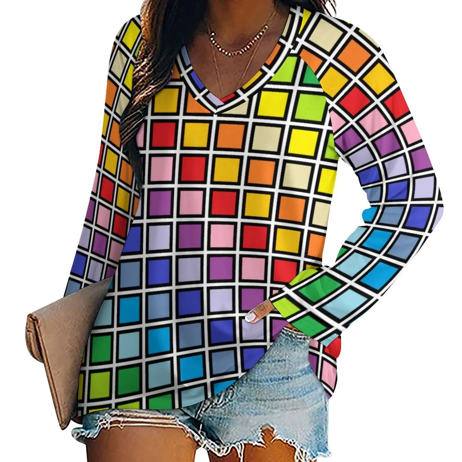 

Rainbow Squares T-Shirt Spring Broader Spectrum Street Fashion T-Shirts Long Sleeve Kawaii Tshirt Ladies Custom Tees 4XL 5XL