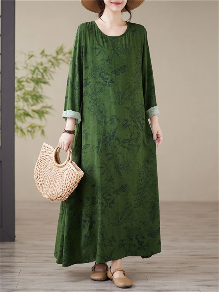 Spring Autumn Cotton Vintage Print Long Sleeve Dresses For Women Casual Loose Dress Office Lady Work Femme Robe Vestidos Clothes