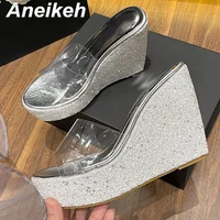 Aneikeh Summer 2026 New Fashion Sequins Transparent Rubber Wedge Heel Thick Sole Sandals for Women 10CM Open Toe Ladies Shoes - Image 3