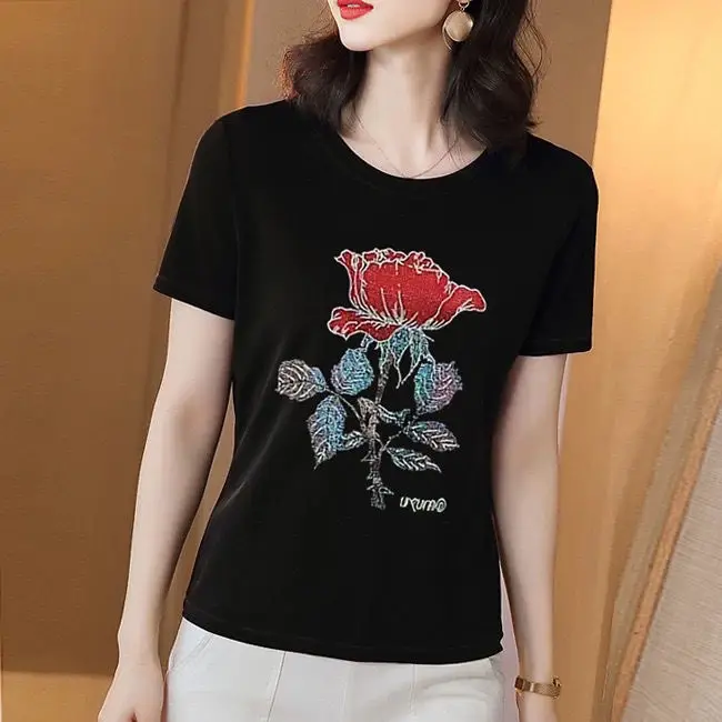 

New Hot Diamond Diamond Cotton Tshirts Mom Short Sleeve T-shirt Black Bottoming Blouse Women's Thin Pullovers Top