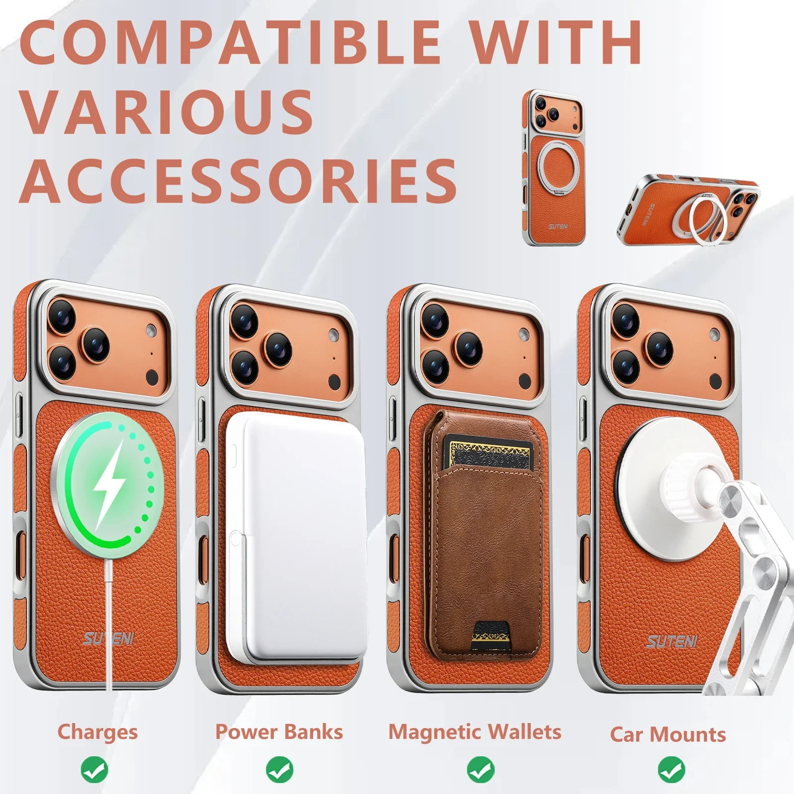 Sleek Leather Magnetic Phone Case with 360° Rotating Stand and Magsafe Wireless Charging Compatibility