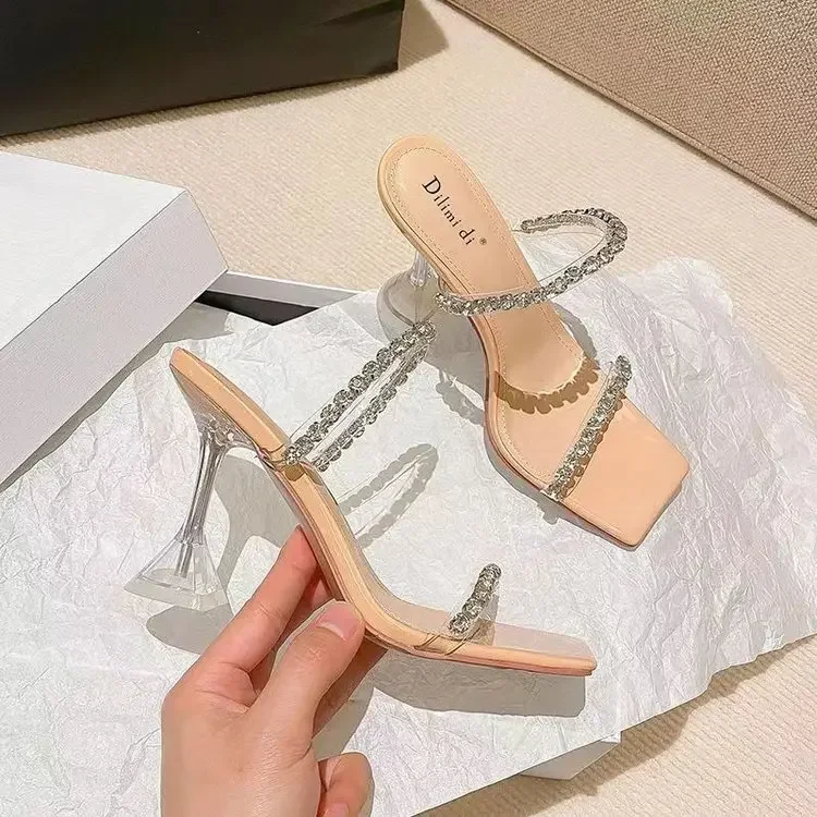 Crystal Designer Sandals Women Open Toe Summer Elegant Slides Banquet Thin Heels Slippers Women