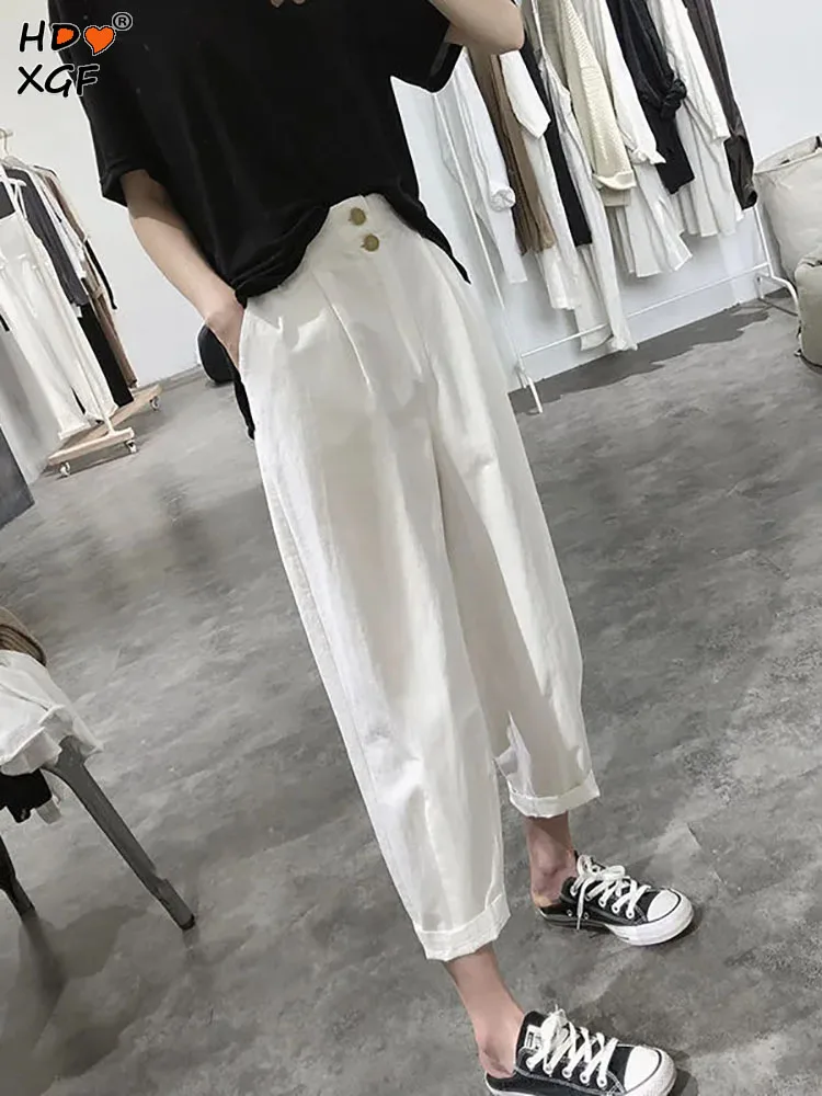 

Elegant Cotton Hallen Pants For Womens Spring Fall Elastic High Waist Button Baggy Trousers Office Lady All-match Streetwear New