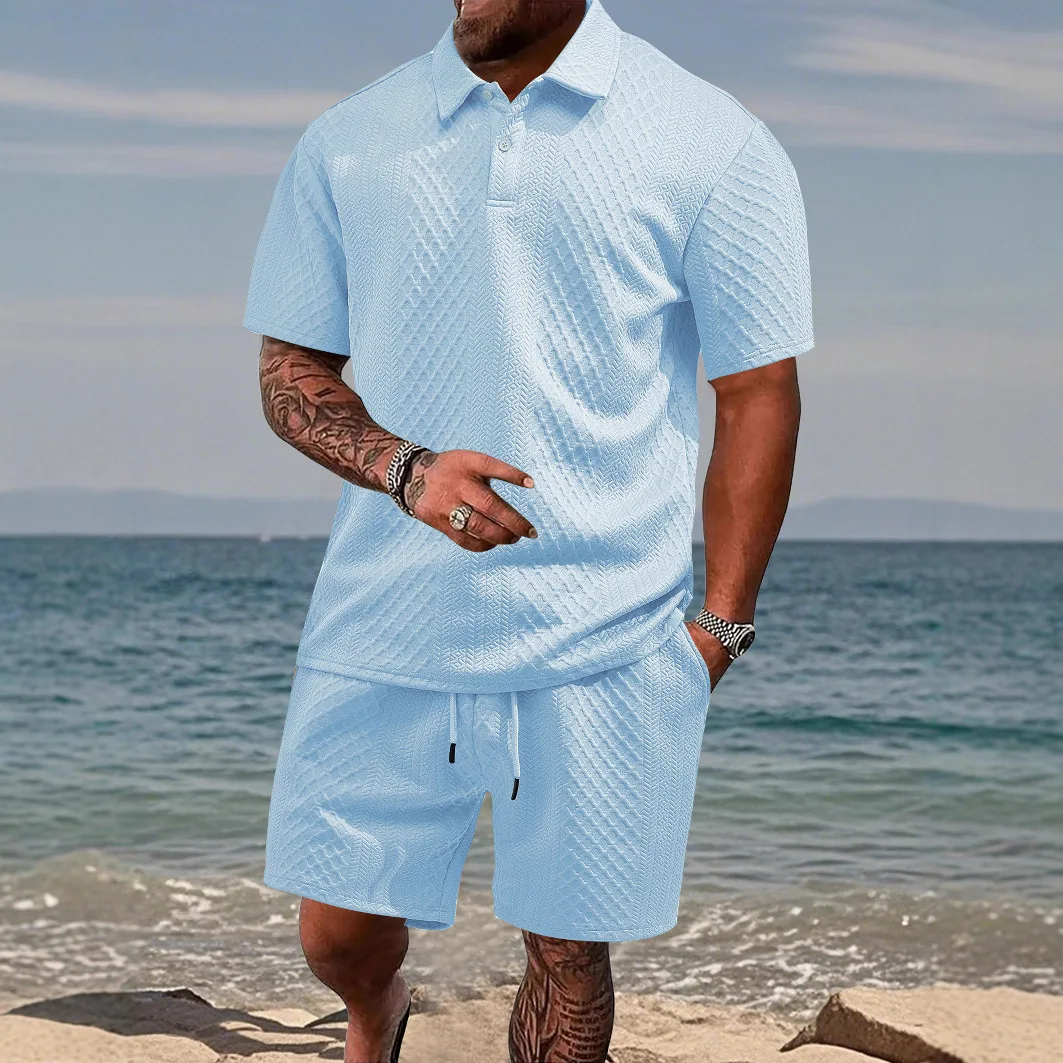 Hot Sale Men's Casual Wear Button up Collar Short Sleeve Access Control Short Pants Set Polyester Fiber Sporty Style