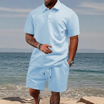 Hot Sale Men's Casual Wear Button up Collar Short Sleeve Access Control Short Pants Set Polyester Fiber Sporty Style