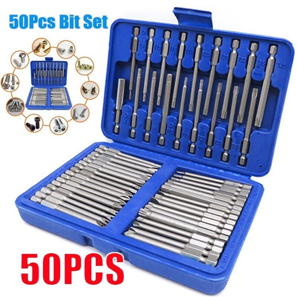 50pcs Magnetic Screwdriver Bit Set With Storage Box 75mm Ultra Long High Strength Chromium Vanadium Steel Drill Bits Set