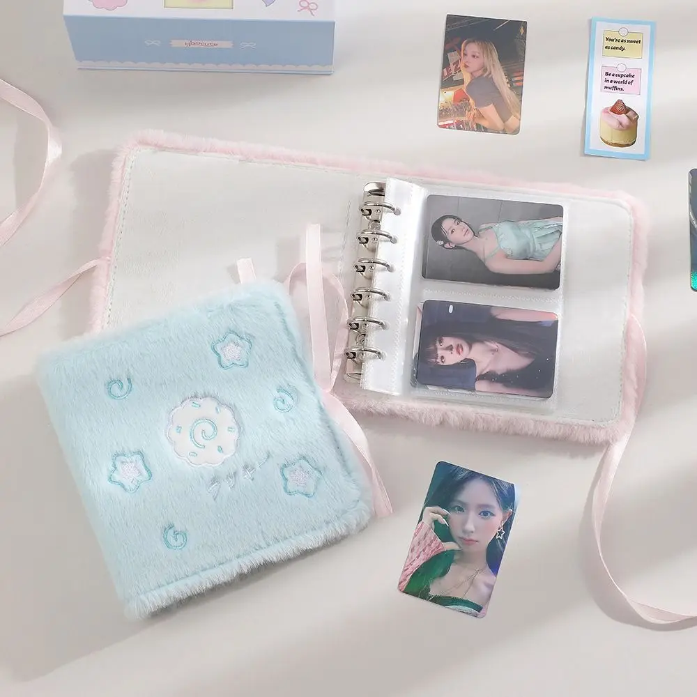 Plush 3in Plush Photocard Holder Fluffy Strap Ties Ribbon Idol Photo Card Binder Kawaii 2 Grids Photocards Collect Volume