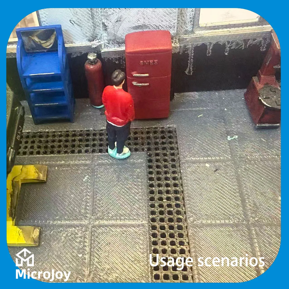 상세한 장면: 1:64 스케일 미니어처 모델 수리점, 미니 빈티지 냉장고 장식품, 빈티지 장식이 있는 자동차 모델 장면