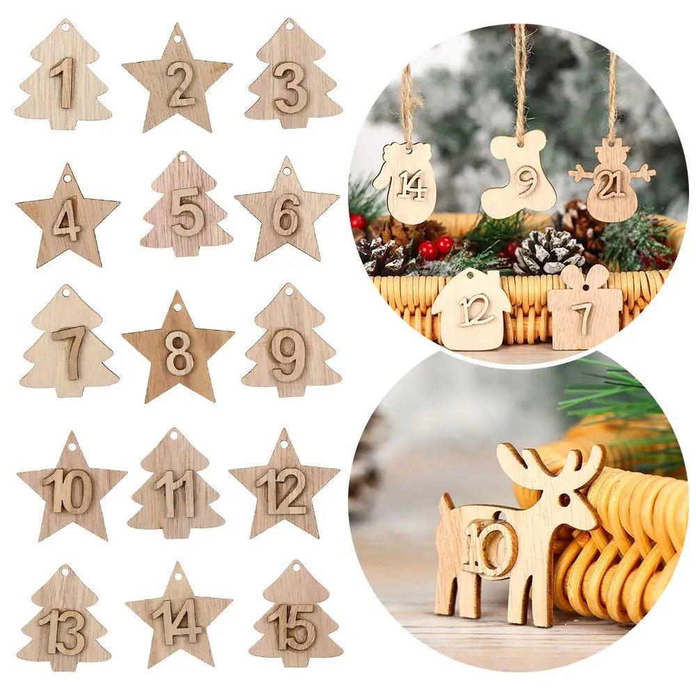 

24Pcs Countdown Christmas Advent Calendar Number Label Xmas Advent Calendar Ornament Wooden DIY Gift Bags Hanging Decor Tags