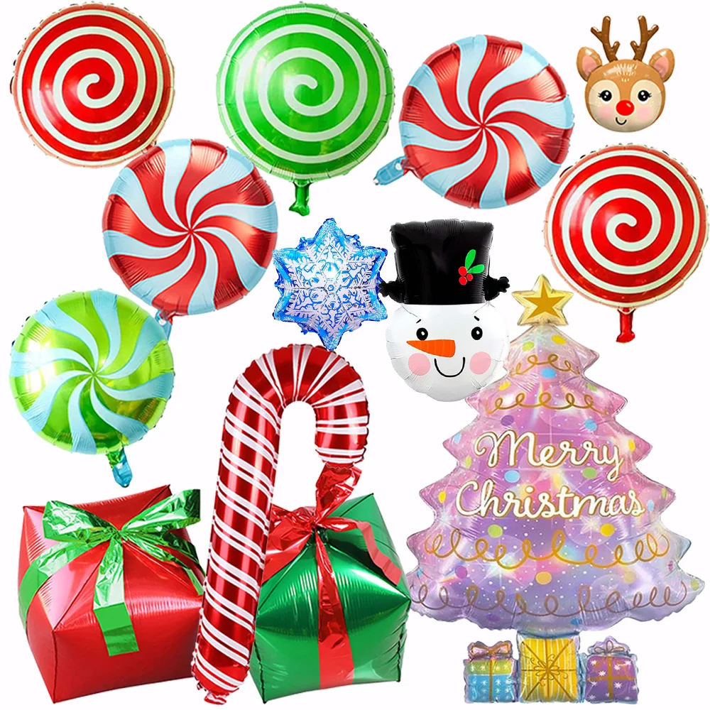 

Christmas Candy Cane Foil Mylar Balloons Birthday Party Decoration Photo Backdrop Red And White Green Sweet Candies Tree Deer