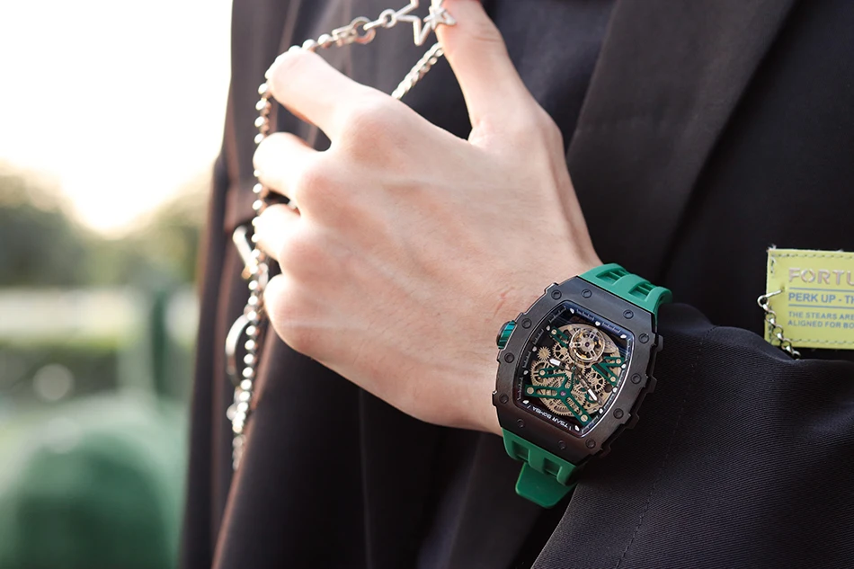 TSAR BOMBA Watch for Man Luxury Carbon Firber Bezel Automatical Mechanical Wristwatch 50M Waterproof Tonneau Watch Montre Homme