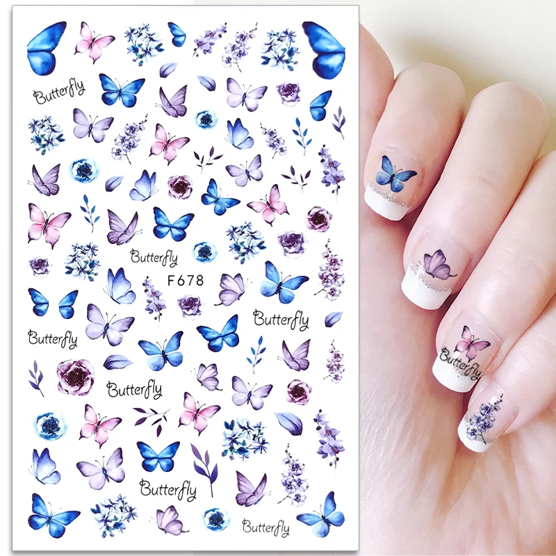 3D Blue Butterfly Adhesive Stickers for Nail Art Decoration - Laser Flower and Leaf Design