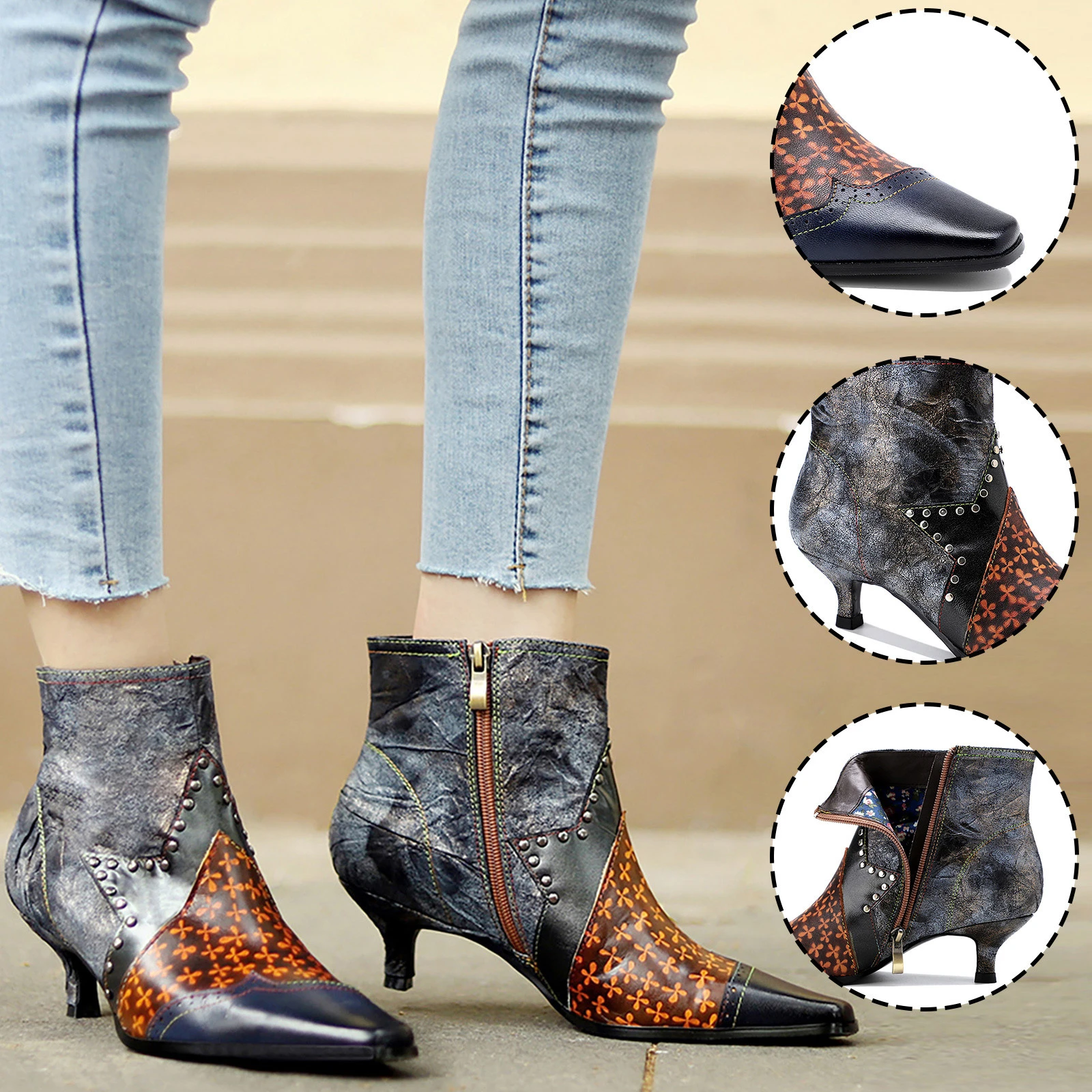 Laarzen zapatos de estilo vaquero occidental para mujer, zapatillas  femeninas de estilo Retro, con estampado de empalme, de invierno y barco  Herfst|Botas hasta el tobillo| - AliExpress