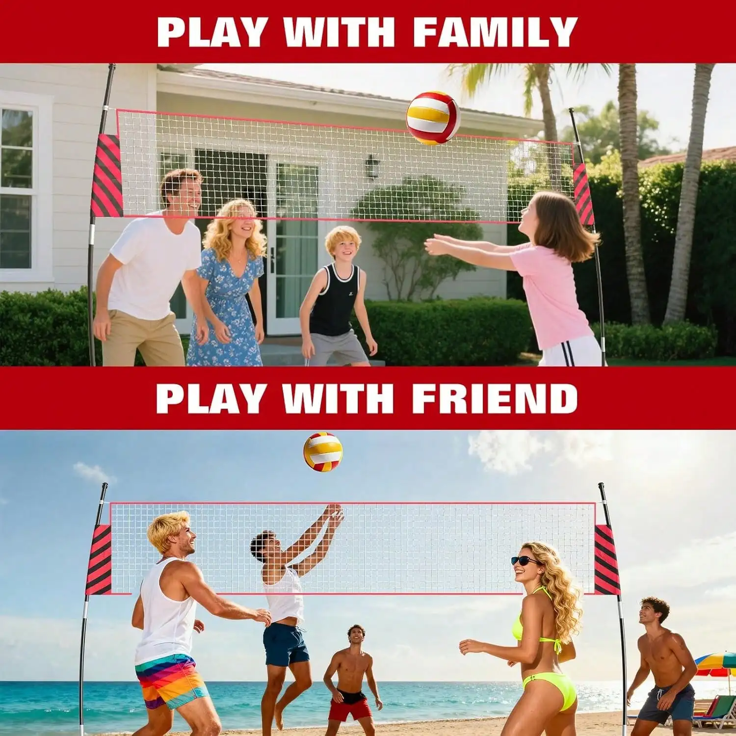 366cm Tragbares Volleyballnetz mit Verstellbarer Höhe, Faltbares Netz mit Tragetasche, Freistehend für Training im Garten und am Strand – Detail 3
