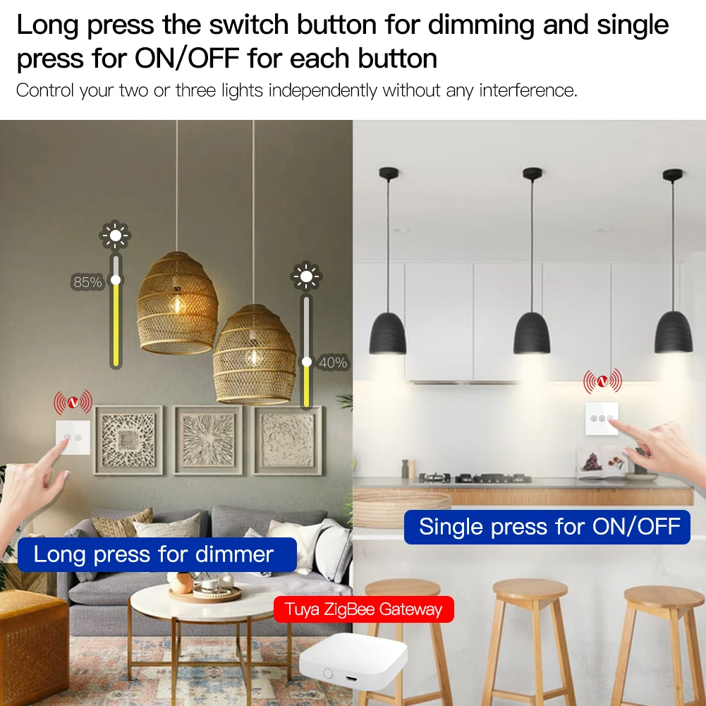 ZigBee Multi-gang Light Dimmer Switch Independent Control Tuya APP Control Works with Alexa Google Home 1/2/3 Gang smart light switch smart dimmer switch
