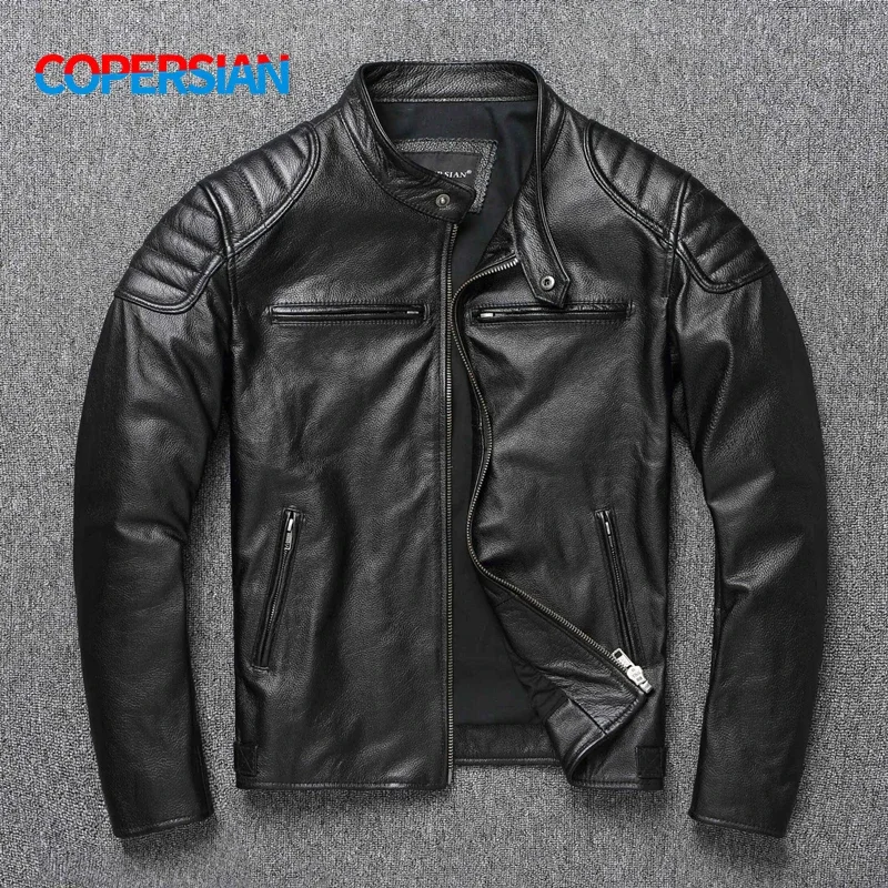 Men Leather Jacket 100% Cowhide Stand Collar Motorcycle Clothes Autumn Winter Plus Size