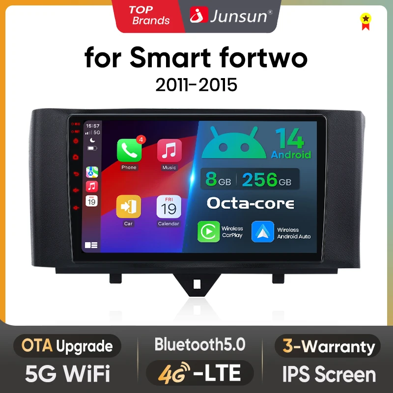 Junsun Drahtlose CarPlay für Apple Android 14 Auto Auto Radio für Smart Fortwo 451 2011 2012 2013 2014 2015 Multimedia Navi Stereo