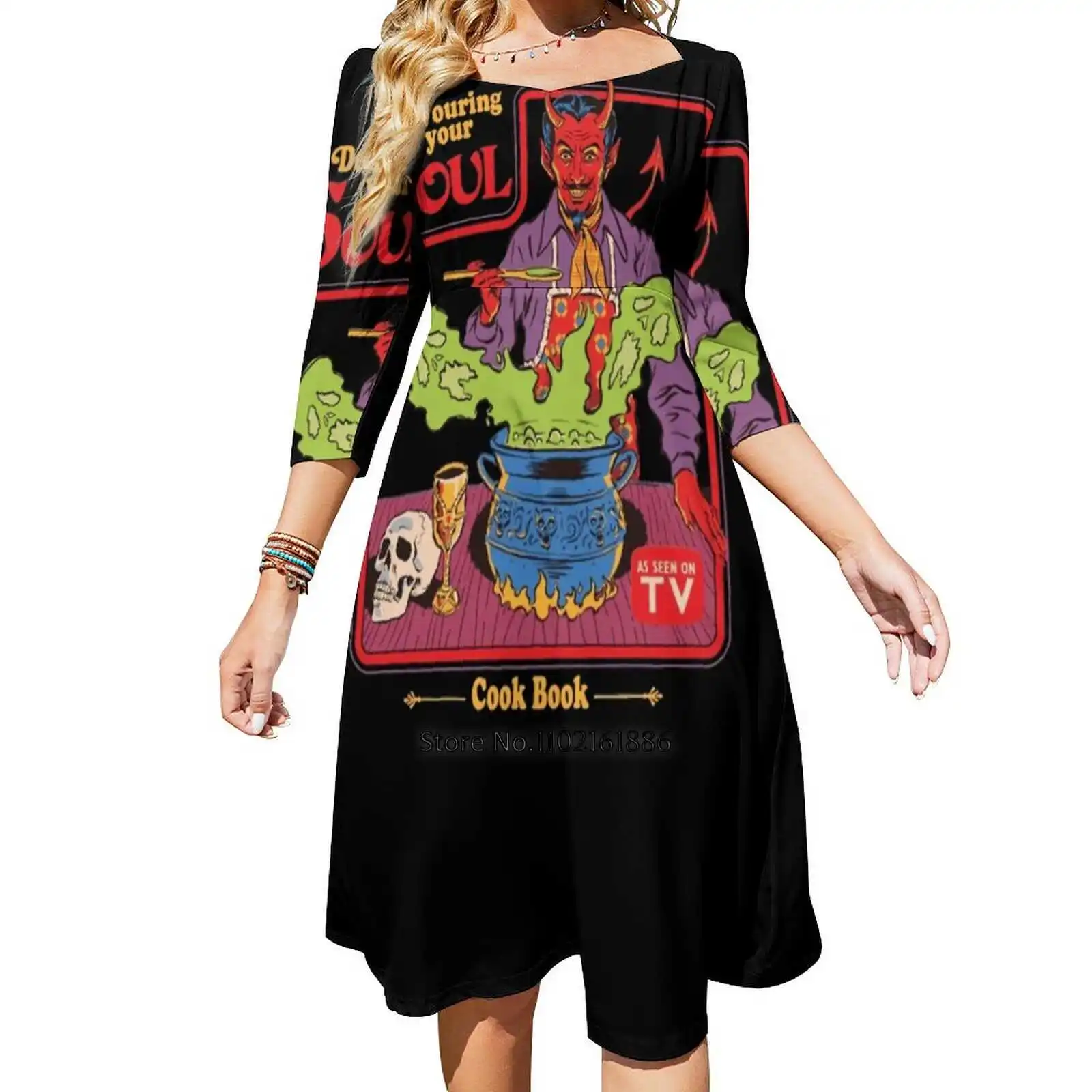 Devouring Your Soul Back Lacing Backless Dress Square Neck New Plus Size Elegant Women Dress Devil Demon Hell Soul Cooking