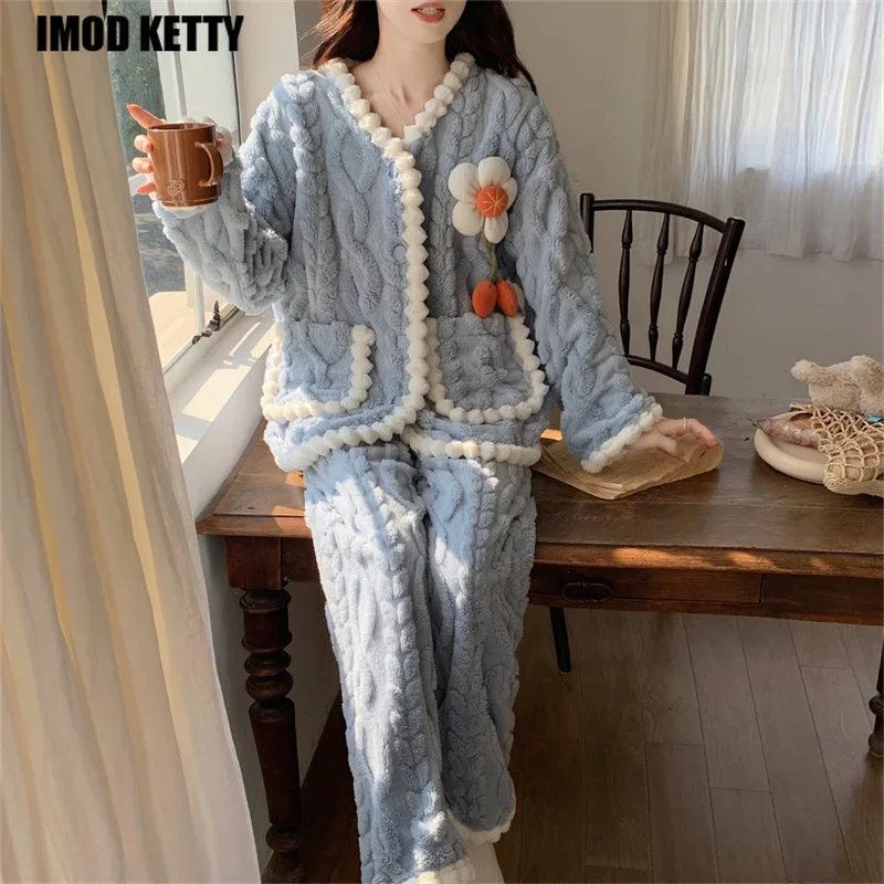 

Elegant Korean Style New Pajama Sets Women Sweet Solid Winter Thick Comfortable Leisure Warm Daily Classic Fashion Home Ladies