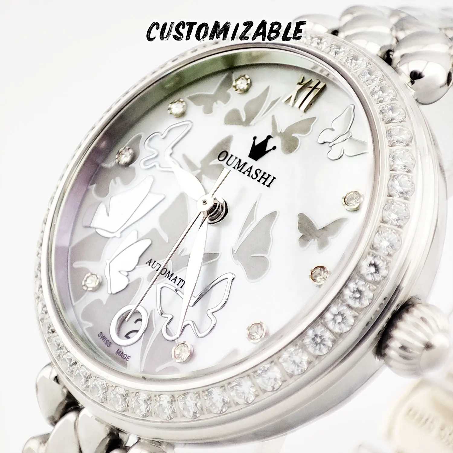 Women's Watch 32.5MM MIYOTA 8215 Automatic Watch Customizable Luxury Fashion Retro Diamond Bezel Dial Hollowed Bottom Date at 6 5