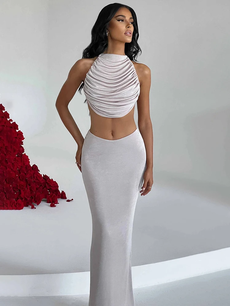 

Halter Crop Top And Maxi Skirts Slim Bodycon 2 Pieces Sets Women 2023 Summer Outfits Townlike Sexy Party Two Piece Set