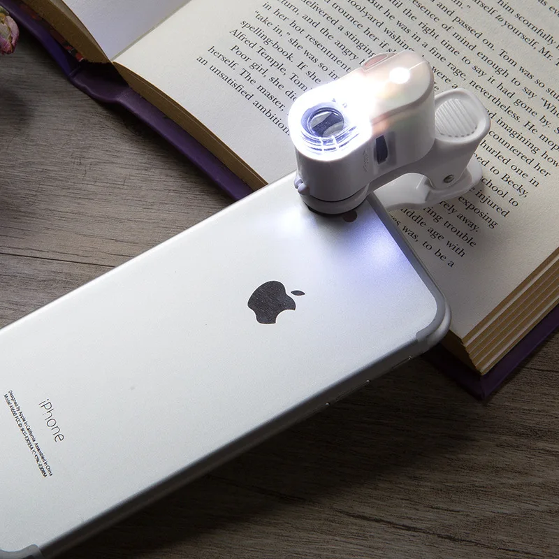 Pocket Microscope Universal Clip 60X LED Jewelry Magnifying Glass Focusing Adjusted with Cell Phone Clip UV Light