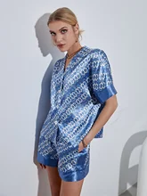 

Spring Short SleeveS V-neck Satin Silk Printed Two Piece Set Elastic Waist Causal Set Wide-leg Loose Set