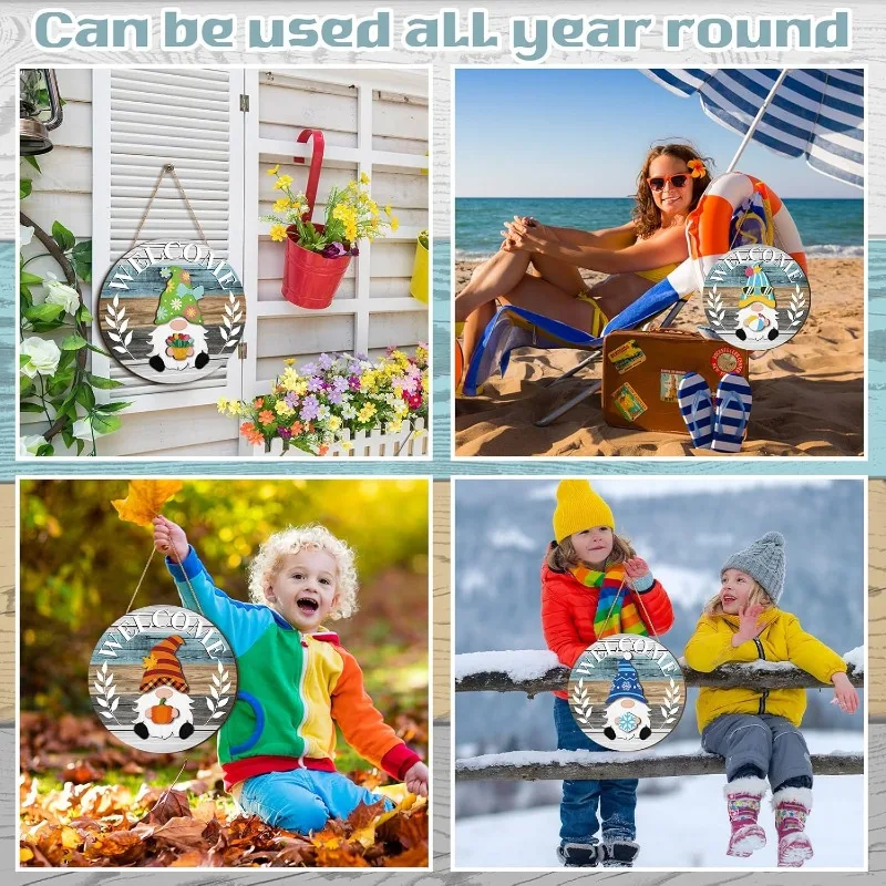 11style Gnome Interchangeable Seasonal Figures Wooden Decor Set with Magnetic Pieces Detachable Hats & Changeable Welcome Sign P