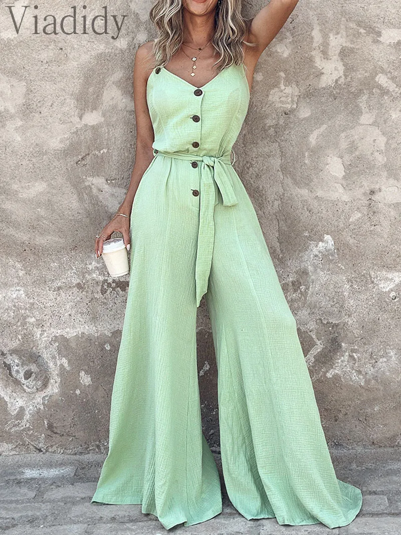 

Женский комбинезон с поясом, повседневный однотонный комбинезон без рукавов с глубоким V-образным вырезом, на бретелях-спагетти, на пуговицах, с широкими штанинами спереди