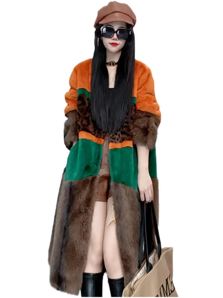 Orange Patchwork Leopard Print Green Eco-friendly Fur, Casual Mid Length V-neck Style Imitation Mink Fur Warm Coat, Winter New 2