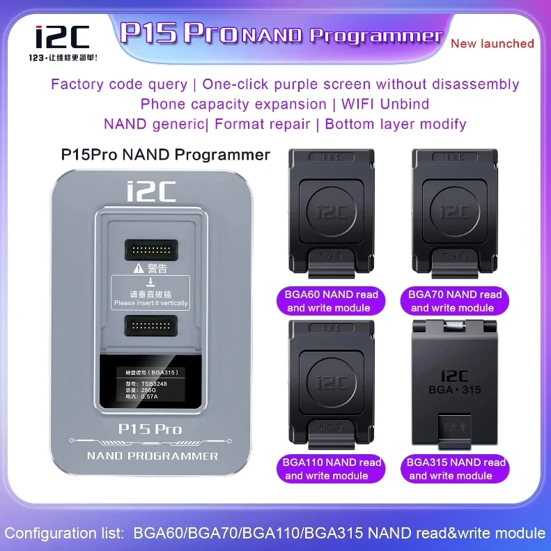i2c p15pro programmer with BGA 315 BGA 60 BGA70 BGA110 For Iphone6 to 15promax Data Read and Write Repair Purple Screen