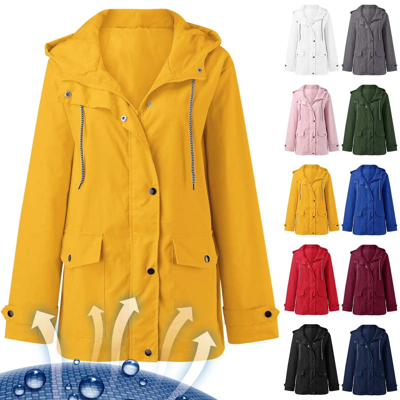 

Womens Hoodie Rain Watertight Coat Solid Pockets Zipper Jacket female Workout Outdoor Windbreaker Rain Jackets woman Anoraks