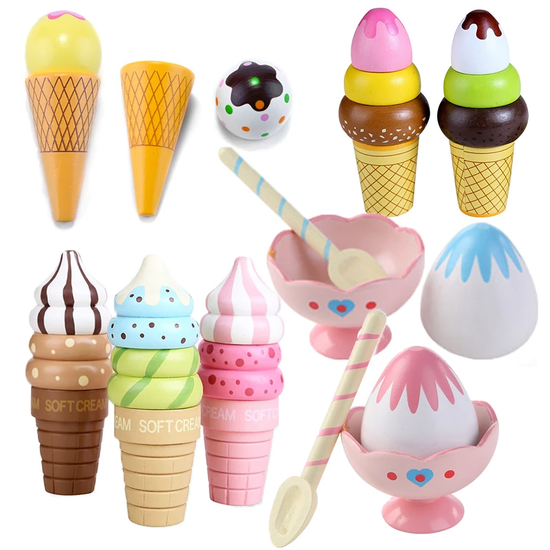 Wooden Ice Cream Toys Set Ice Cream Cones And Sundae Pretend Play Food