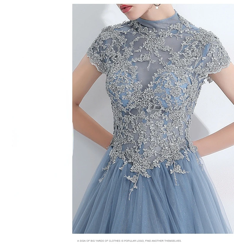 J2177 Blue Evening Dresses Elegant Women Vestido Stand Collar High-Neck Backless Floor Length Ball Gown Lace Up Tulle Long Dress long sleeve evening dresses