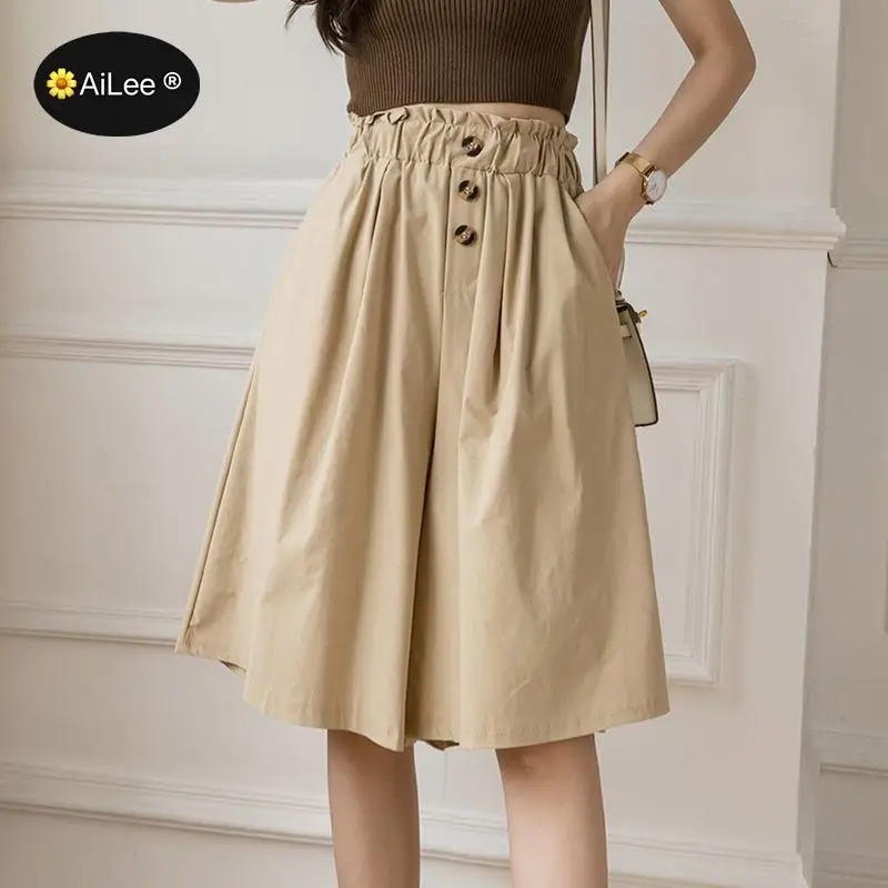 Summer Fashion Wide Leg Shorts Women Casual Elastic Buttons High Waist Loose Knee Length Cotton Shorts Half Long Design Lady