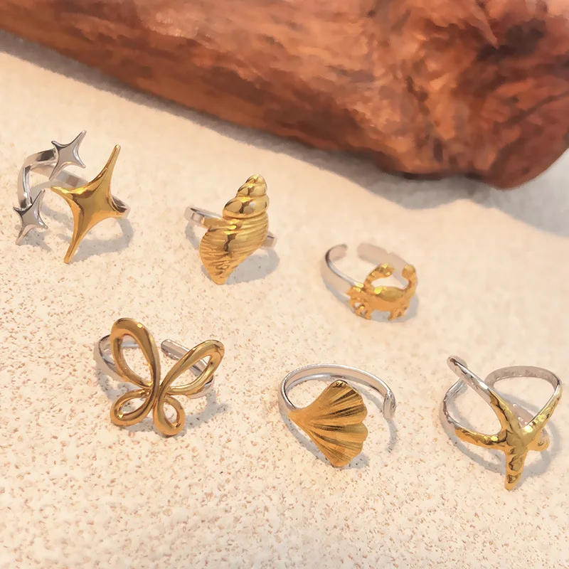 Charm Ocean Series Opening Rings 18K Gold Plated Mini Crab Ribbed Conch Lava Textured Starfish Ring for Women Girls Rust Proof
