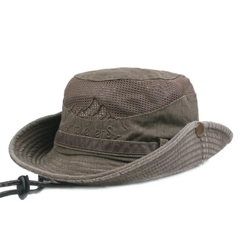 

Men Bucket Cap with Adjustable Strap Letters Embroidery Pattern Fisherman Hat Hollow Out Cowboy Cap Clothes Accessories