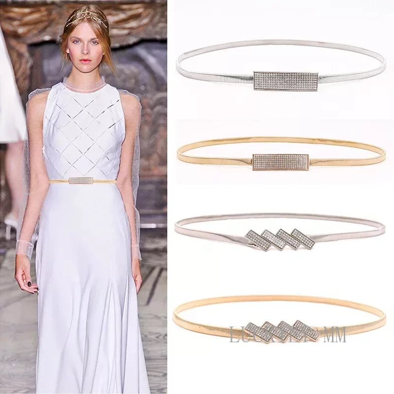 New Silver Gold Metal Belt Double Ring Imitate Rhinestone Lady Waist Belt Dress Suits Elastic Thin Slim Women Belts Waistband 