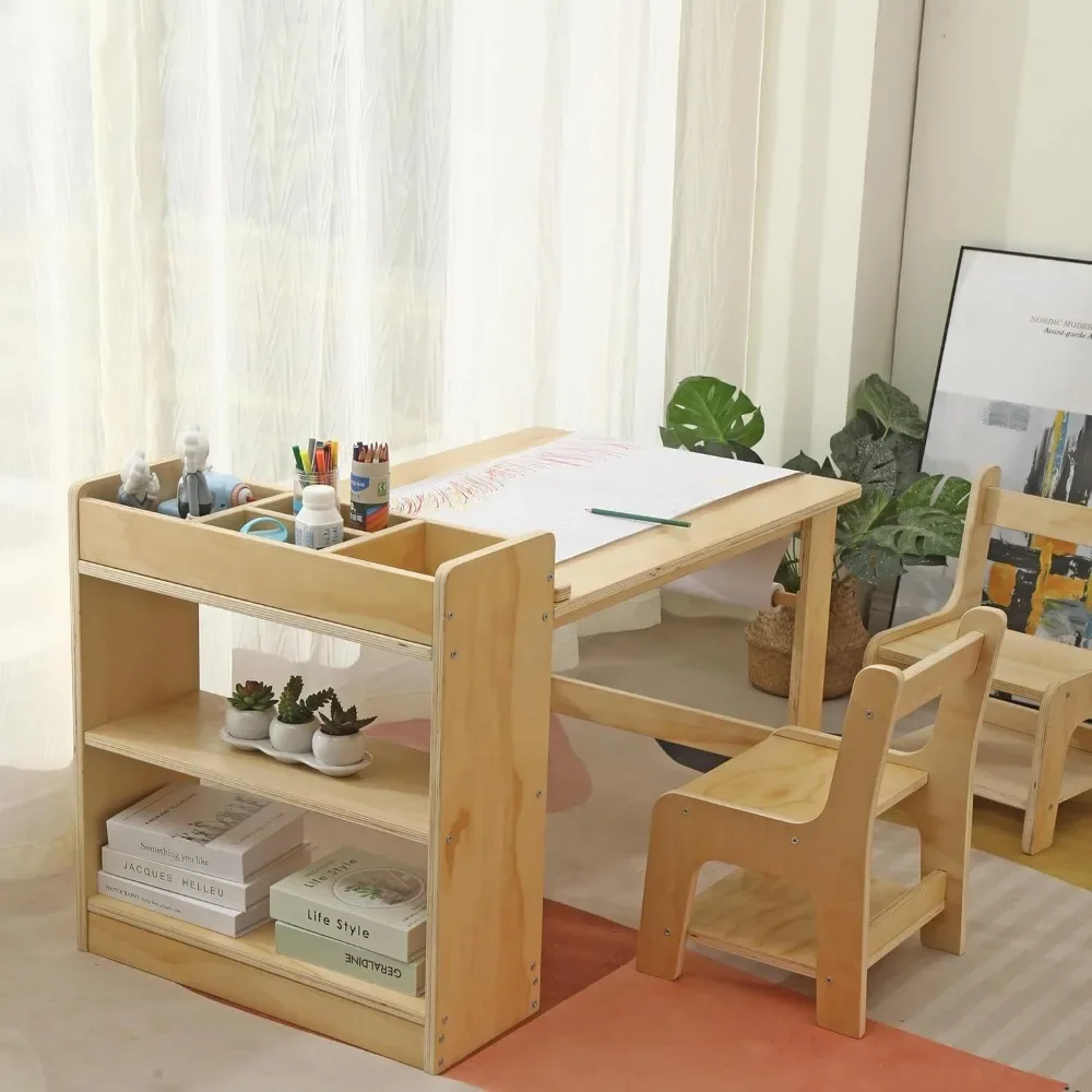 Kids Art Table and 2 Chairs Set Wooden Drawing Table with Large Storage Shelf Craft Table Toddler Activity and Study Desk 2