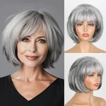 Accessori per parrucche alla moda con parrucca piena in fibra chimica sintetica alla moda per capelli corti ricci grigi da donna europea e americana
