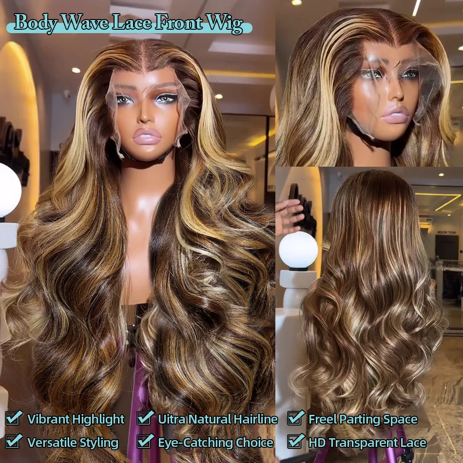 30 40 Inch 4/27 Highlight Body Wave 13x4 Human Hair Lace Frontal Wigs 250 Density Colored Ombre 13x6 HD Lace Front Wig For Women 3