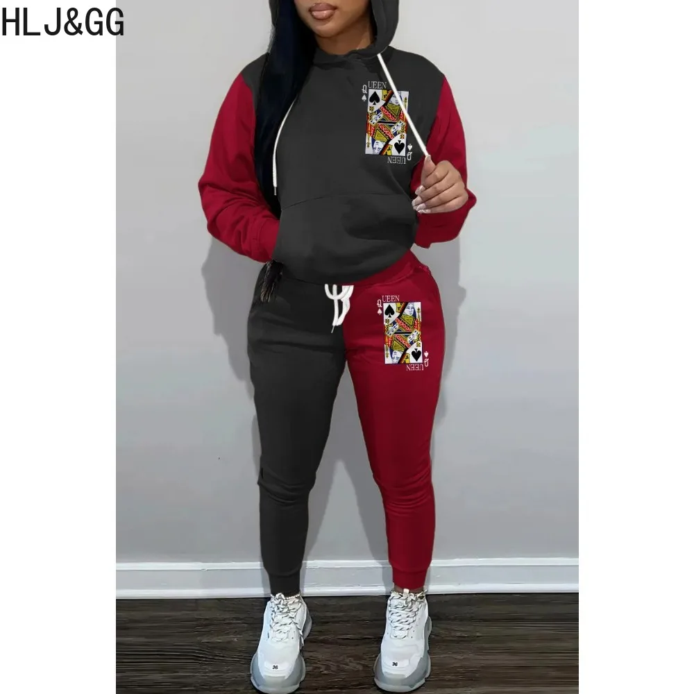 HLJ&GG Vintage Pattern Print Women Hooded Two Piece Sets Women Long Sleeve Top And Jogger Pants Tracksuits Female 2pcs Outfits
