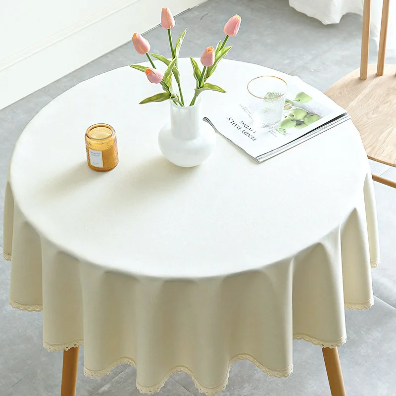 1pc Waterproof and Oil-Proof Round Table Cloth with Lace Edge,Nordic Style Solid