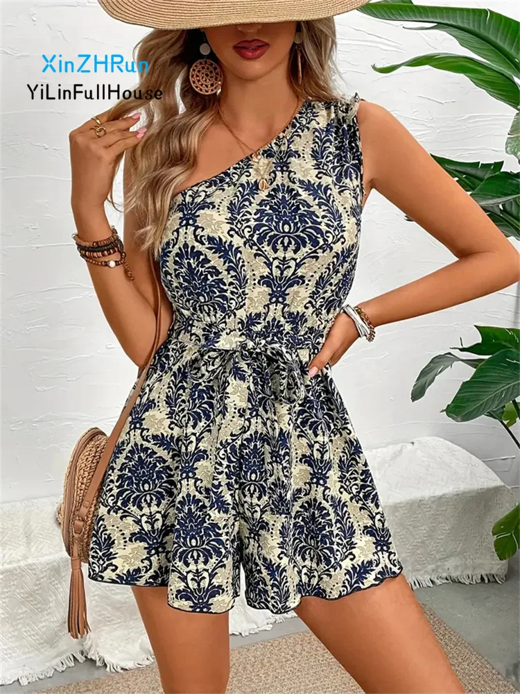 Summer New Women Fashion Diagonal Shoulder Lace Up Printed Jumpsuit Women's High Waist Casual Short Five Split Wide Leg Jumpsuit