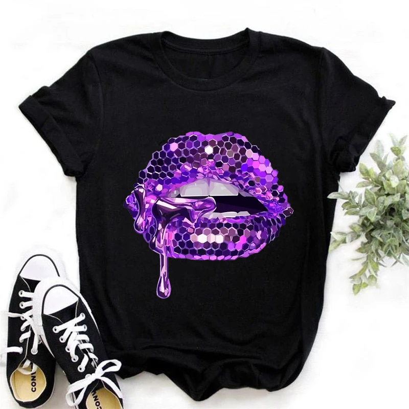 

2022 Black T Shirt Women Glitter Lips Graphic Print Tshirt Femme Luxurious Makeup Sexy T-Shirt Aesthetic Clothes Summer Tops