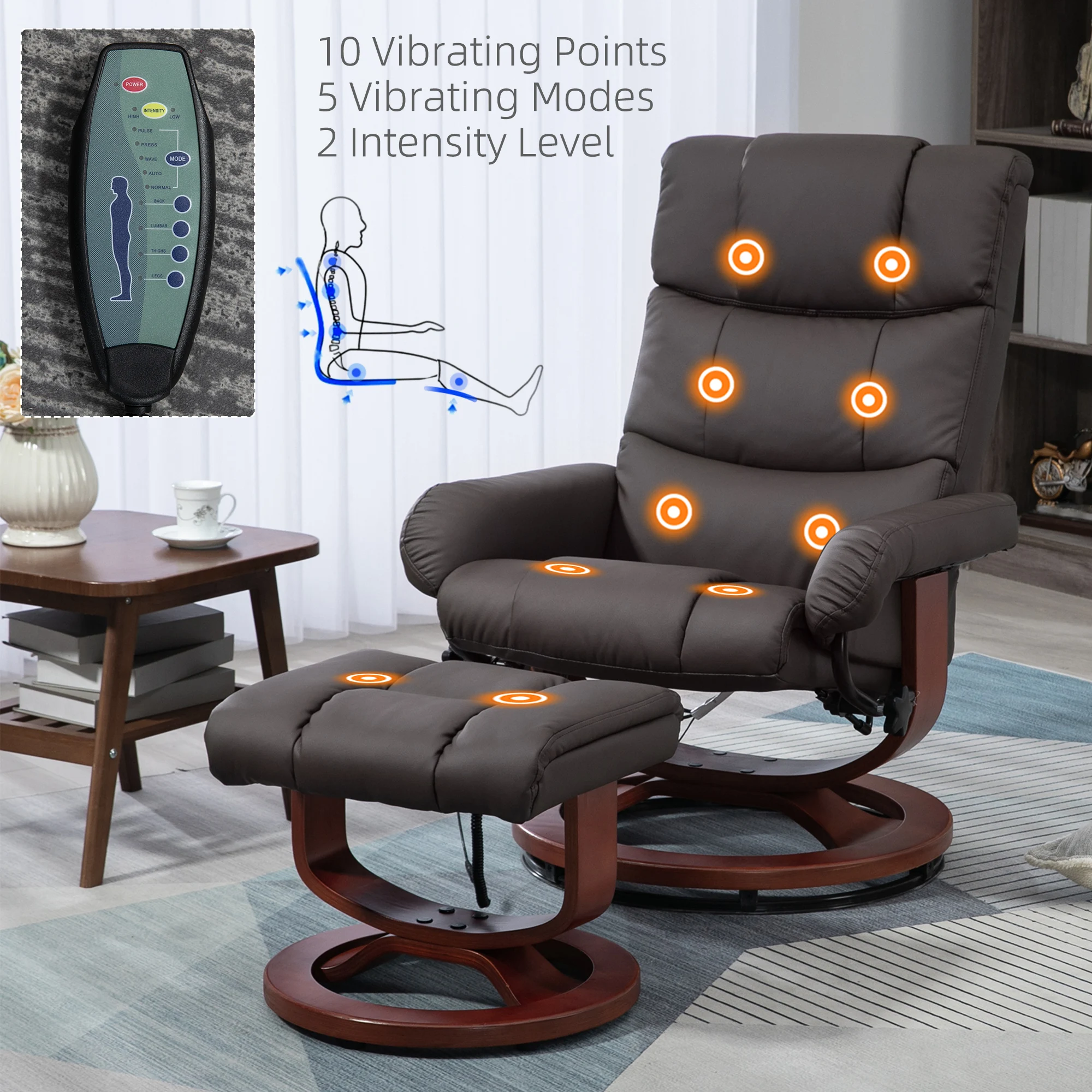 Recliner Chair with Ottoman, Swivel Wood Base, Remote and Side Pocket, Grey
