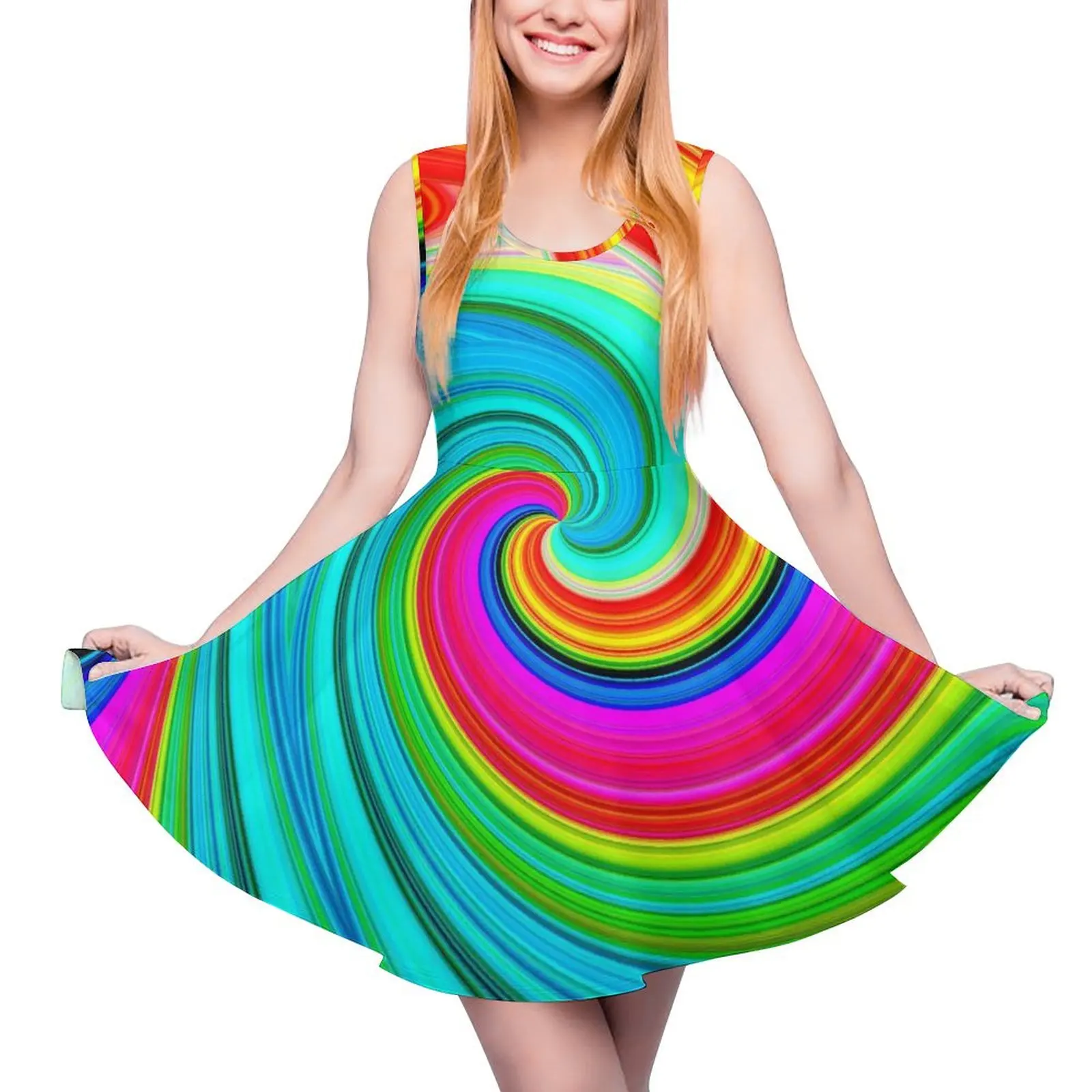 

Reteo Rainbow Dress Sleeveless Psychedelic Swirls Casual Dresses Summer Female Oversize Sexy Graphic Skate Dress